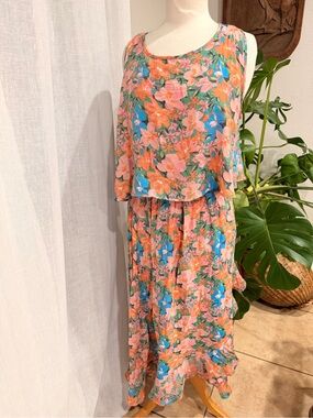Marissa Olivia XL Floral Midi Dress Pink Green Layered NWT